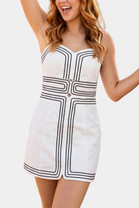 Bess Contrast Stitch Mini Dress in White/Navy