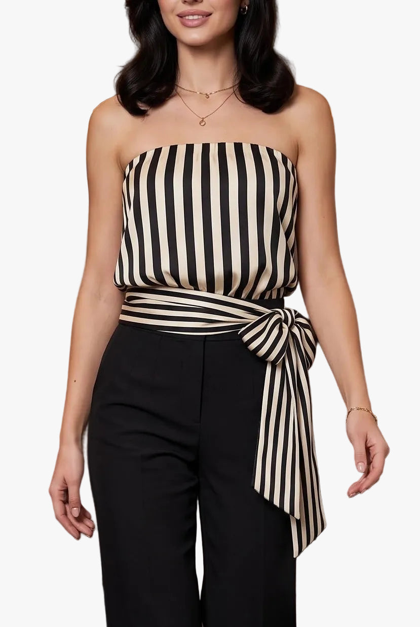 Angie Striped Satin Strapless Tie Waist Top
