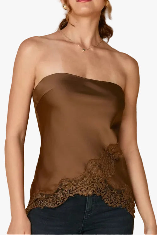Jennie Satin Asymmetrical Lace Hem Tube Top