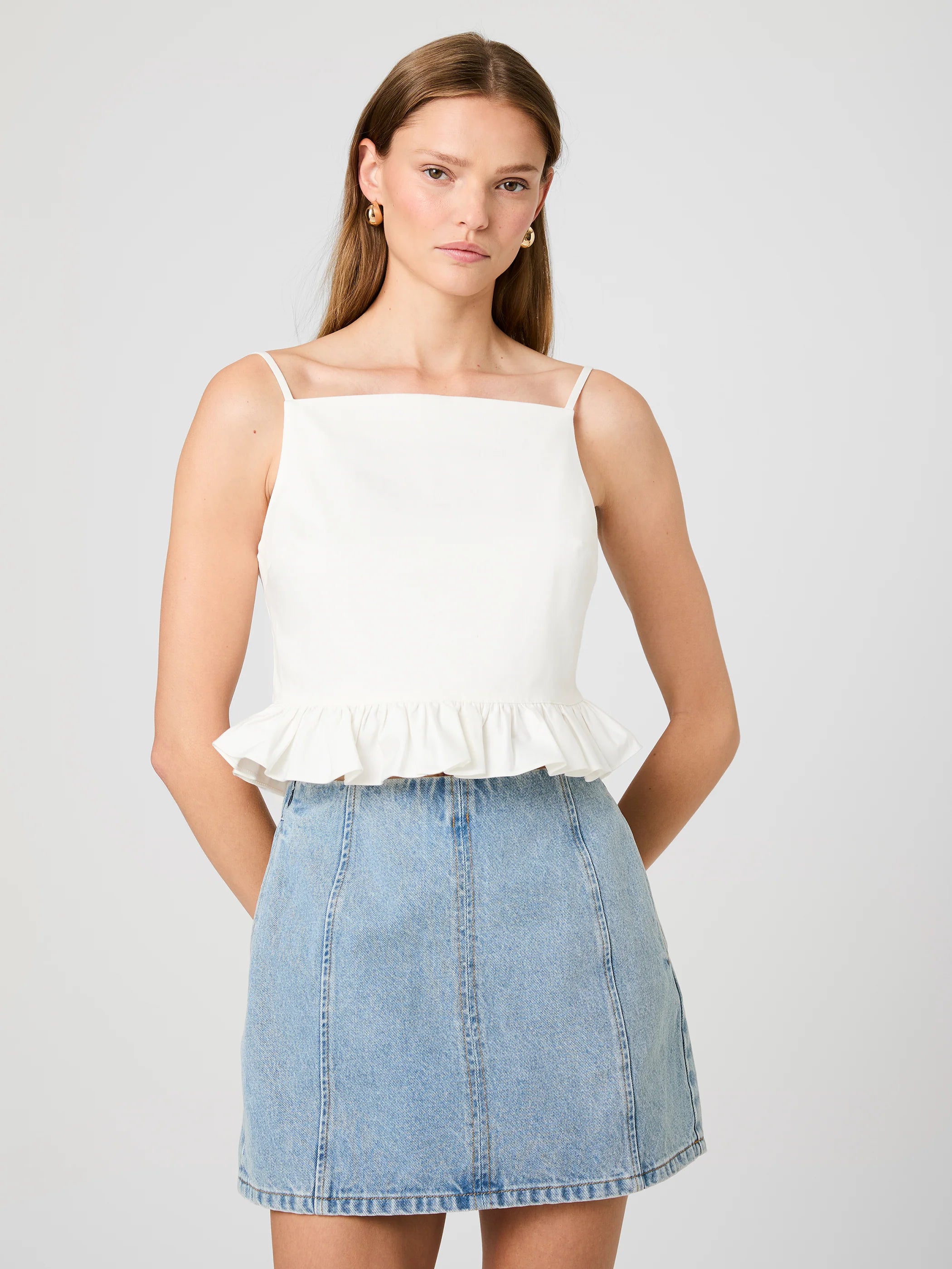 French Connection Lilah Stretch Ruffle Peplum Top in Summer White