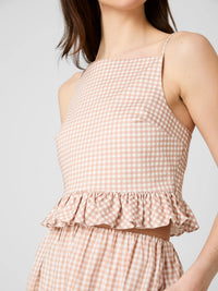 French Connection Lilah Stretch Ruffle Peplum Top in Ginger Almond
