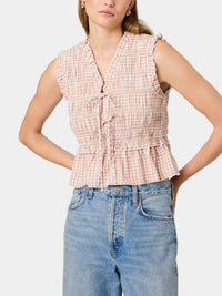 French Connection Rhodes Poplin Gingham Flutter Sleeve Top in Ginger Almond