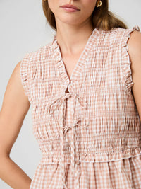 French Connection Rhodes Poplin Gingham Flutter Sleeve Top in Ginger Almond