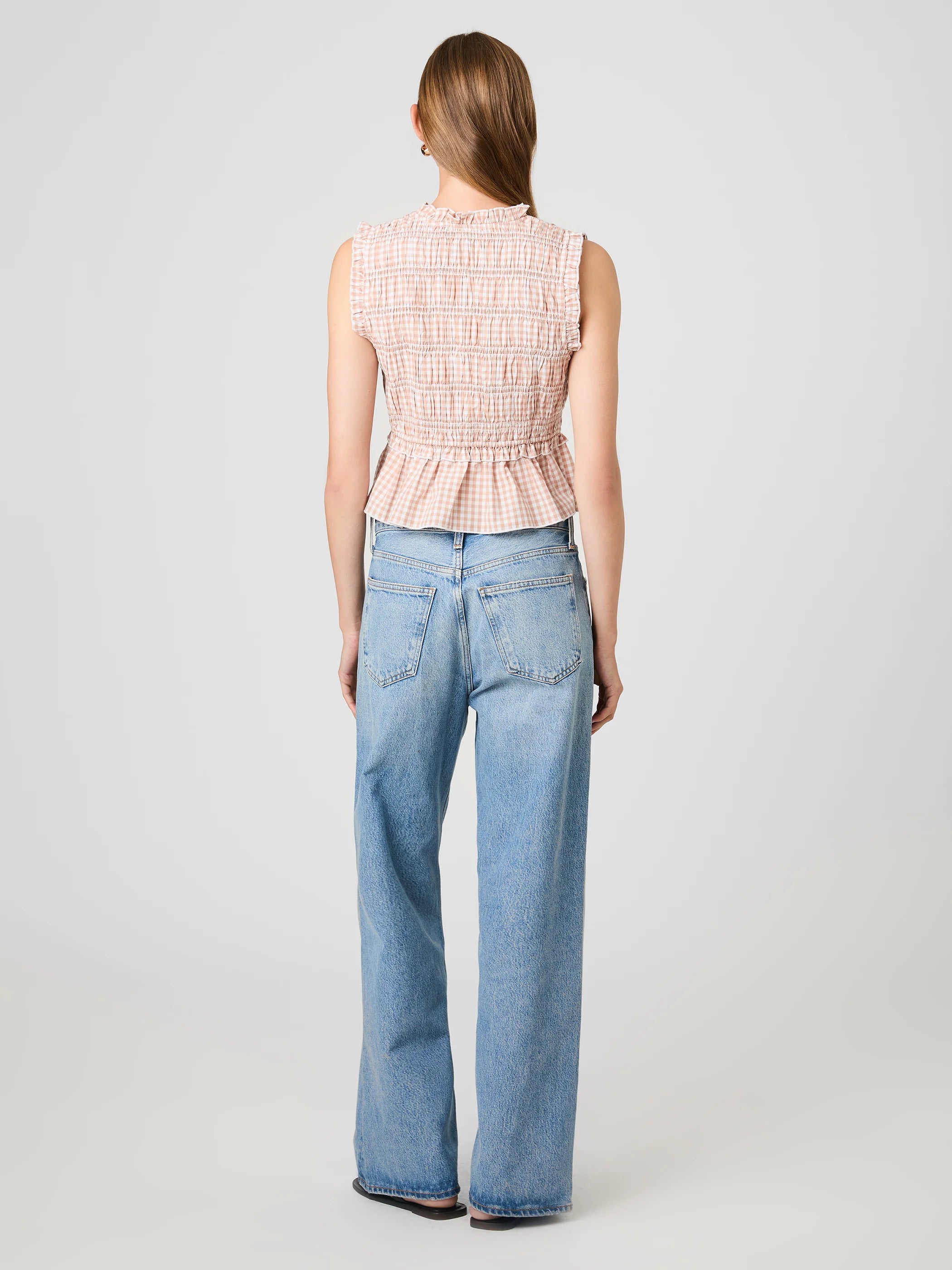 French Connection Rhodes Poplin Gingham Flutter Sleeve Top in Ginger Almond