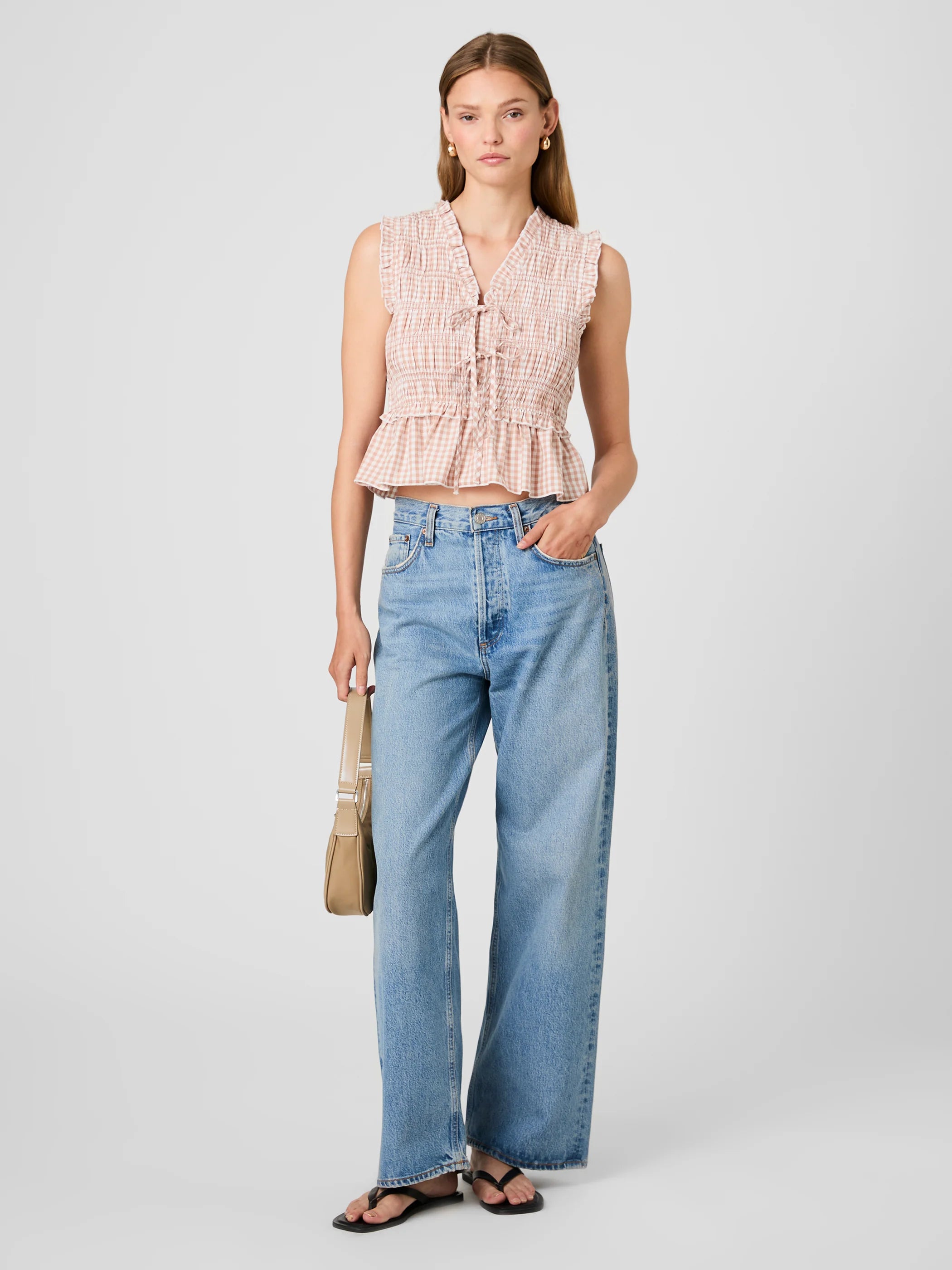 French Connection Rhodes Poplin Gingham Flutter Sleeve Top in Ginger Almond
