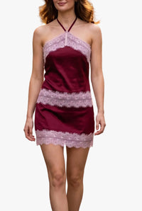 Evie Satin Lace Trim Halter Top &amp; Skort Set in Burgundy