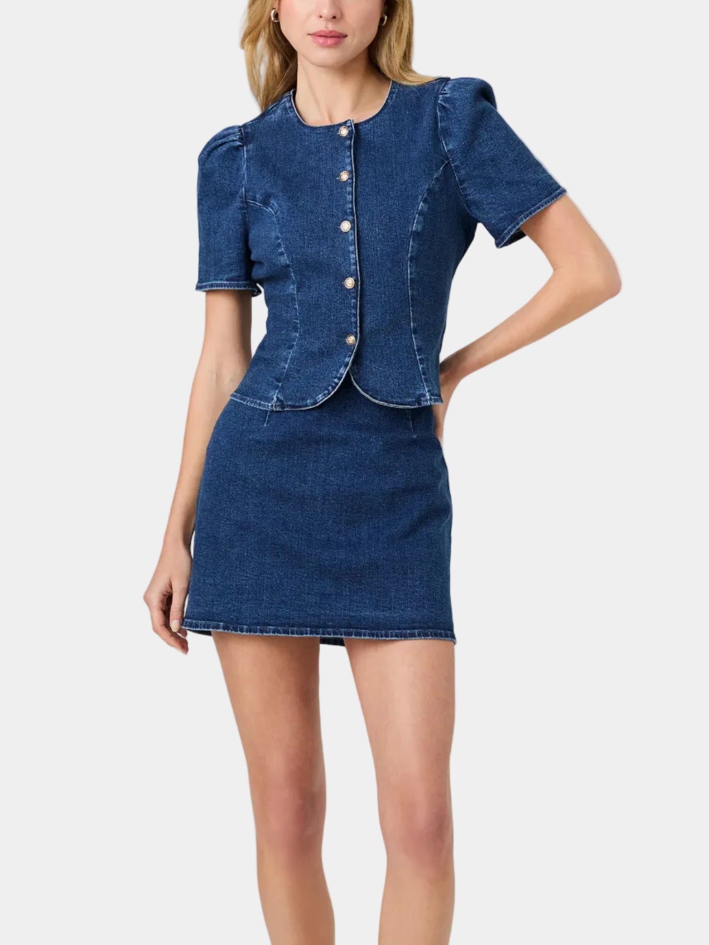 French Connection Delancy Button Top & Denim Mini Skirt Set