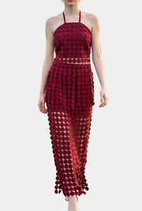 Dylan Dot Lace Halter Top & Sheer Maxi Skirt Set in Maroon