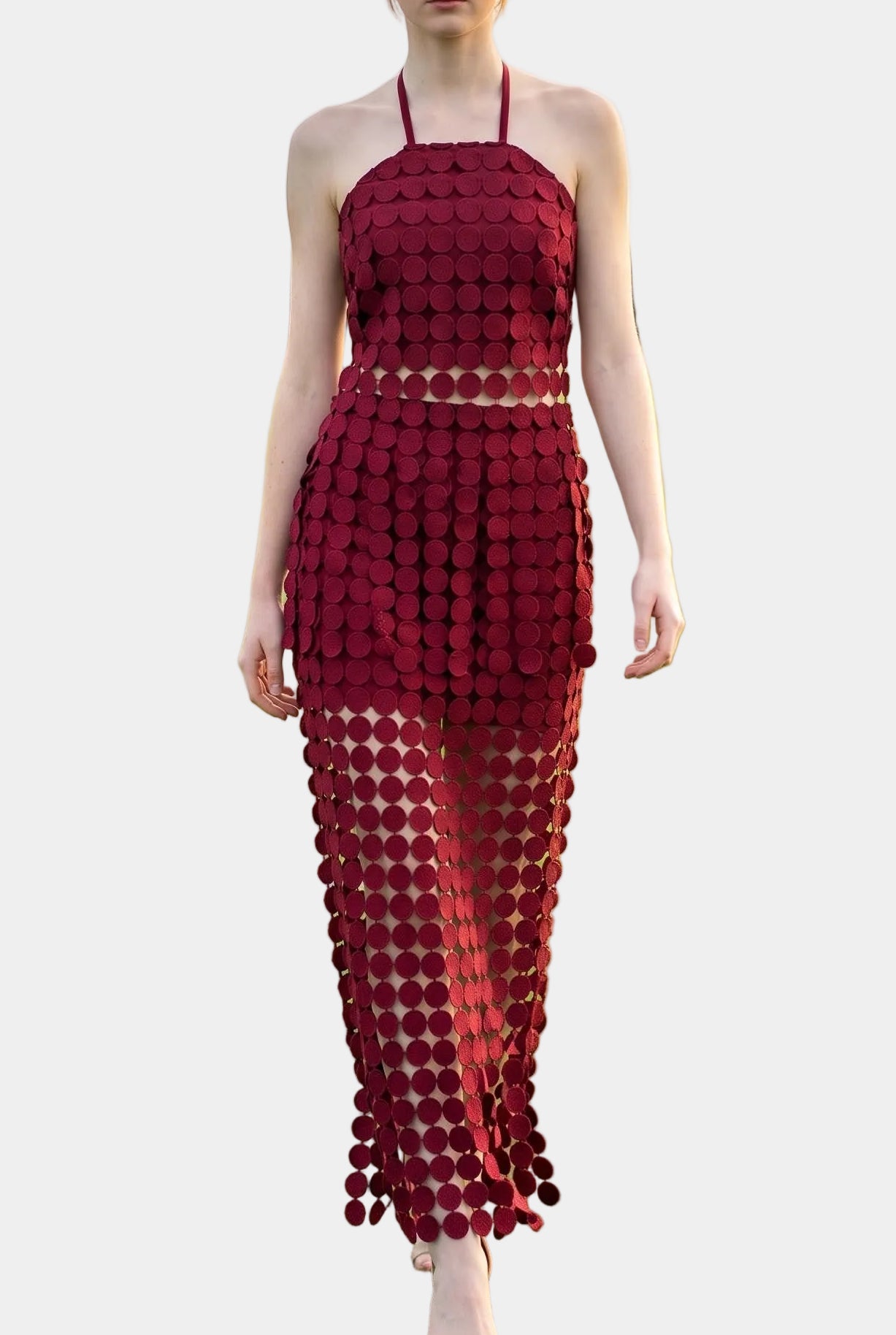 Dylan Dot Lace Halter Top & Sheer Maxi Skirt Set in Maroon