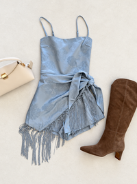 Jonie Waist Wrap Fringe Satin Romper in Ash Blue