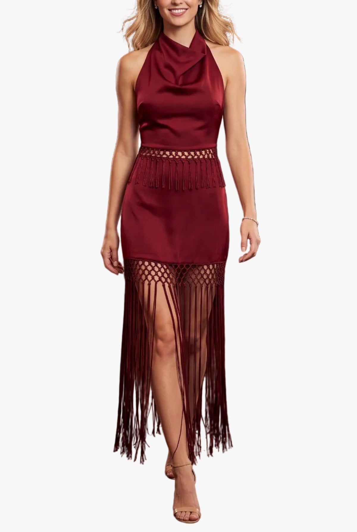 Jayden Fringe Satin Top & Maxi Skirt Set in Burgundy
