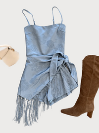 Jonie Waist Wrap Fringe Satin Romper in Ash Blue
