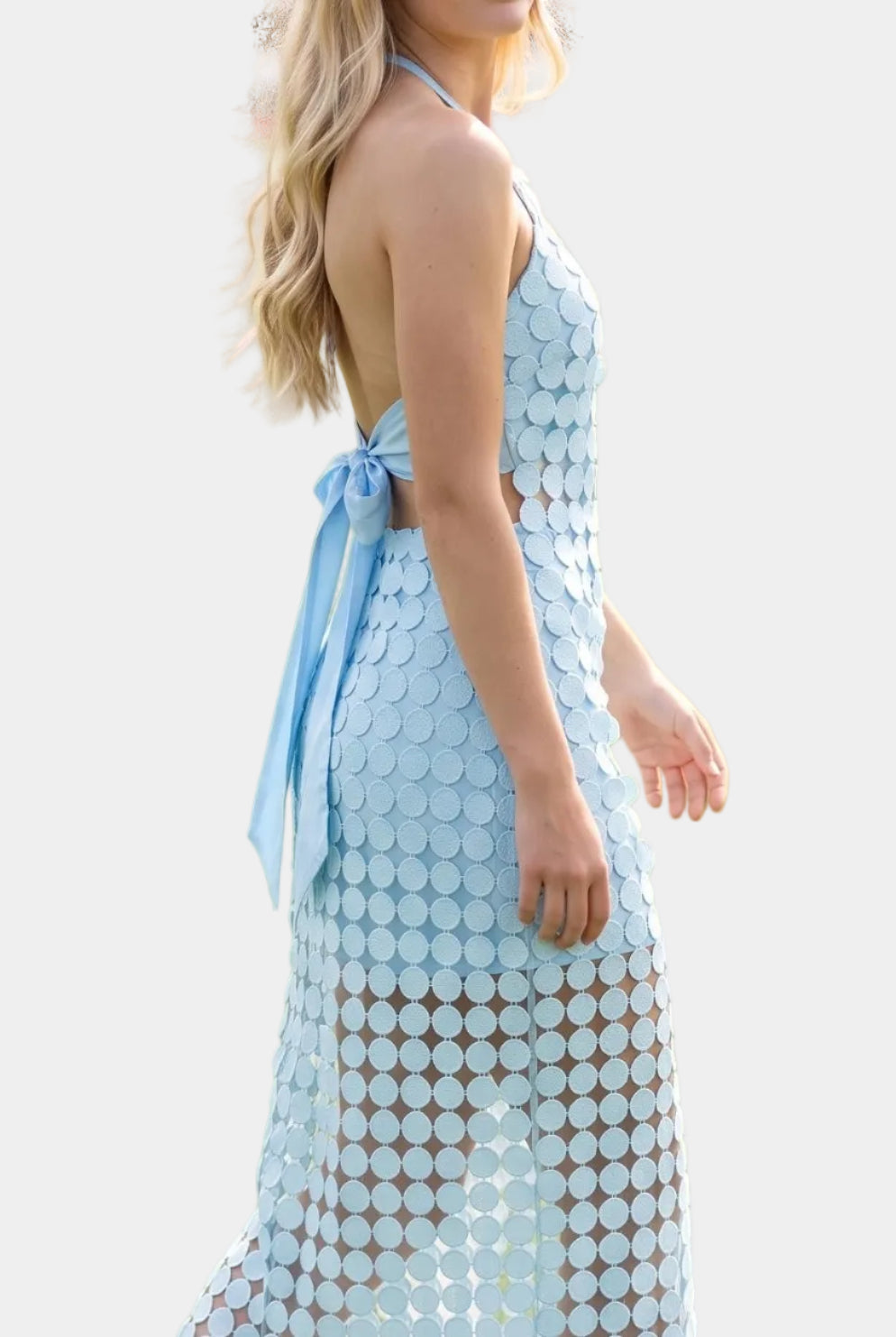 Dylan Dot Lace Halter Top & Sheer Maxi Skirt Set in Powder Blue