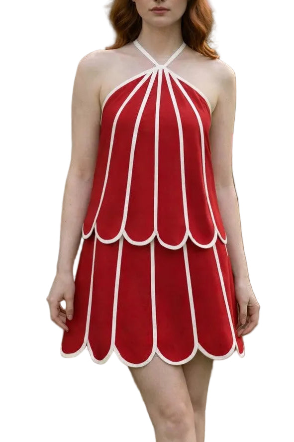 Alice Scalloped Top & Mini Skirt Set In Red/White