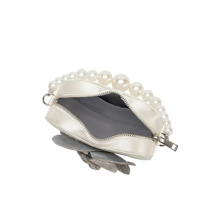 Melie Bianco Mila White Satin & Pearl Heart Crossbody Bag