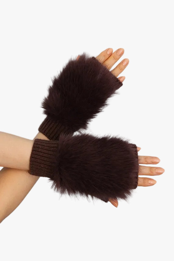 Faux Fur Trim Fingerless Knit Mittens
