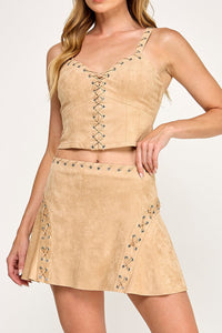 Maisy Suede Lace Up Detail Top & Mini Skirt Set