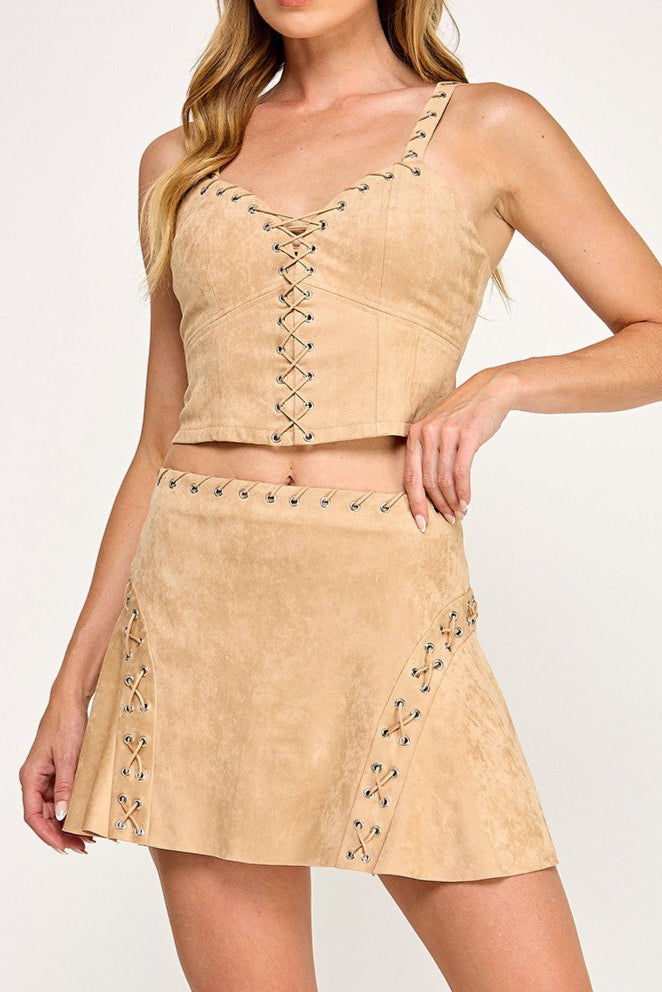 Maisy Suede Lace Up Detail Top & Mini Skirt Set