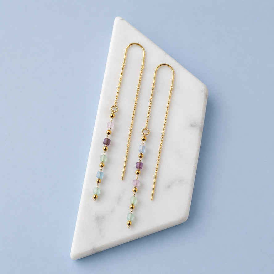 Mesa Blue Pearlized Beaded Threader Earrings in Pearlized Pastel