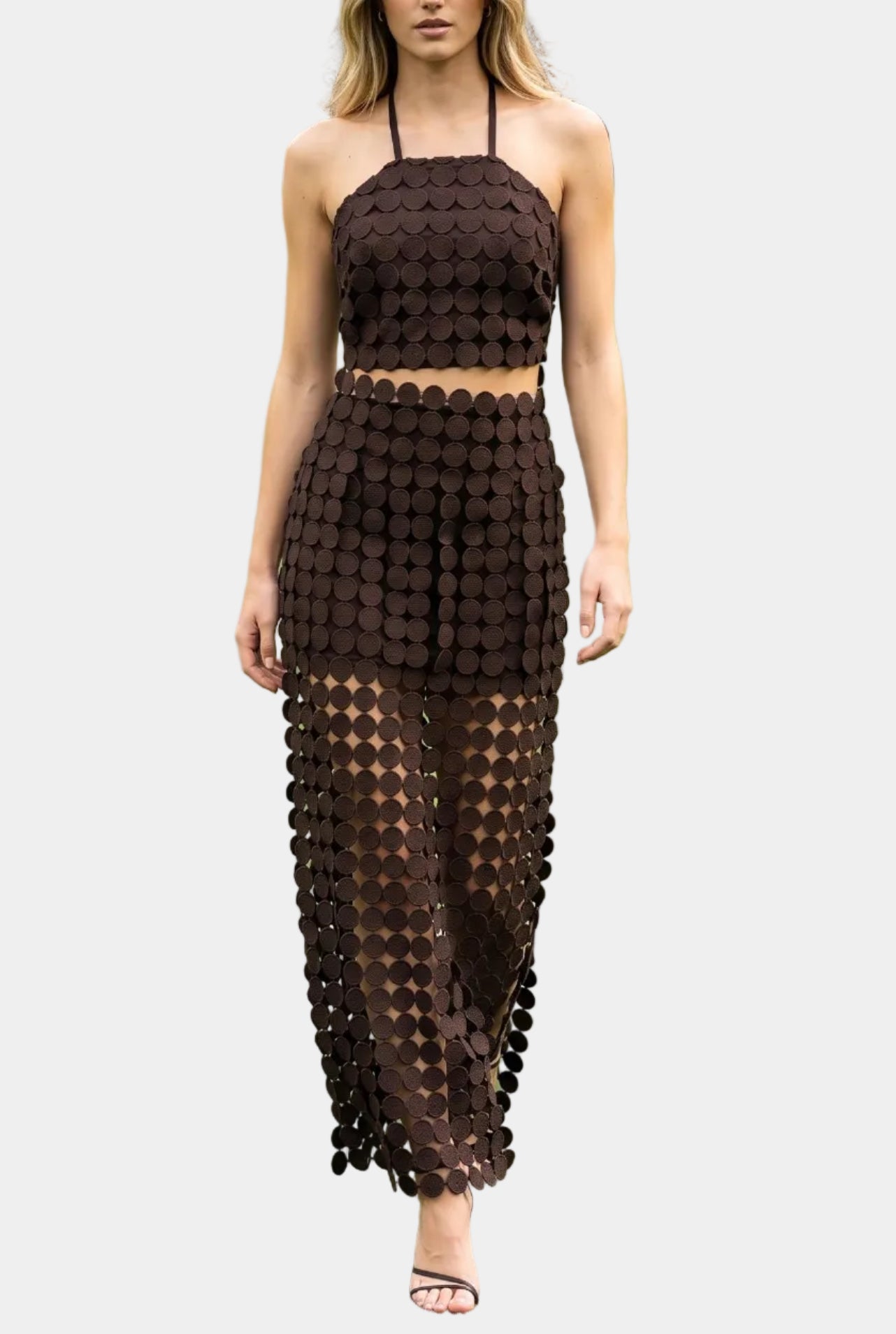 Dylan Dot Lace Halter Top & Sheer Maxi Skirt Set in Chocolate Brown