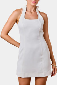 Ellah Sleeveless Crepe Stand Collar Mini Dress in Ivory