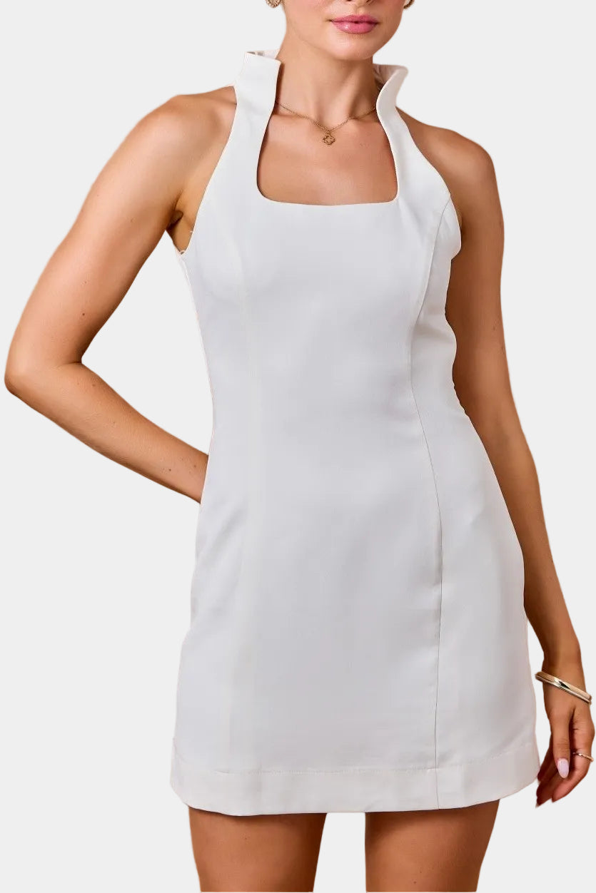 Ellah Sleeveless Crepe Stand Collar Mini Dress in Ivory