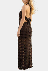 Dylan Dot Lace Halter Top & Sheer Maxi Skirt Set in Chocolate Brown
