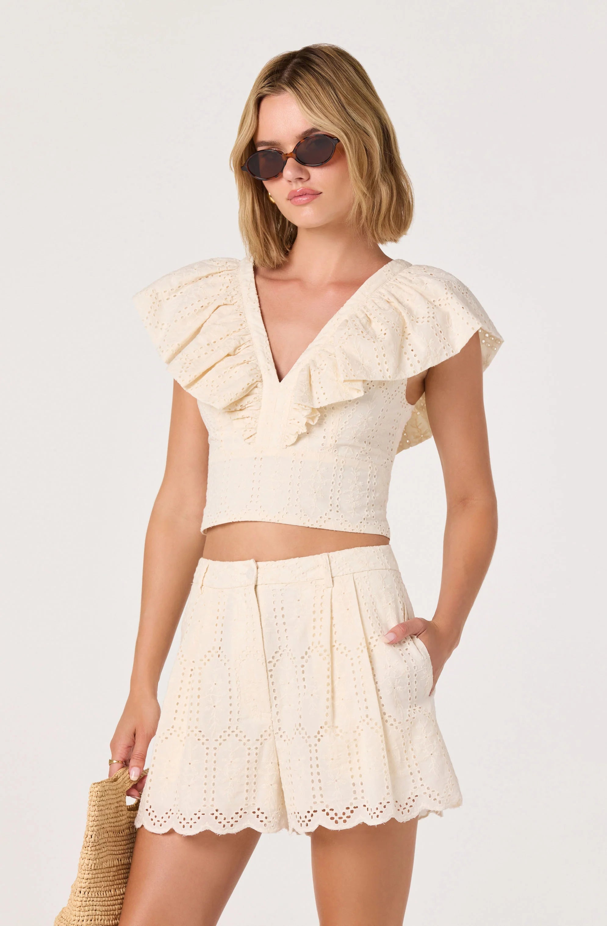 ASTR The Label Margo Eyelet Pleated Shorts