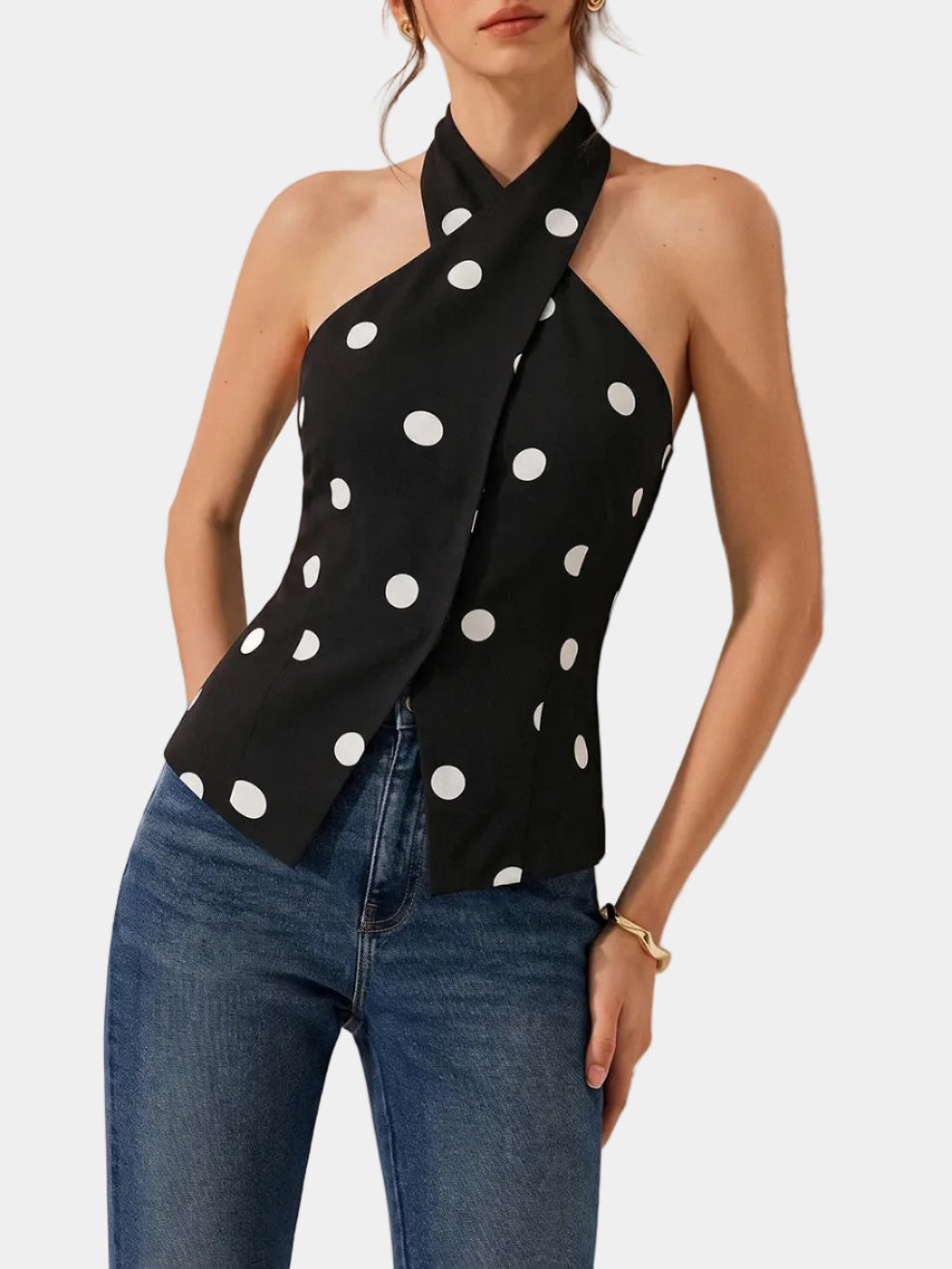 Selina Polka Dot Crisscross Halter Tank Top