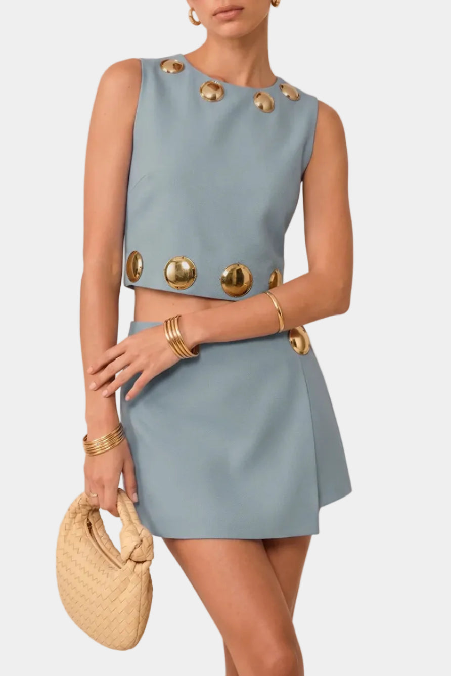 Brecken Metal Detail Sleeveless Crop Top & Mini Skirt Set