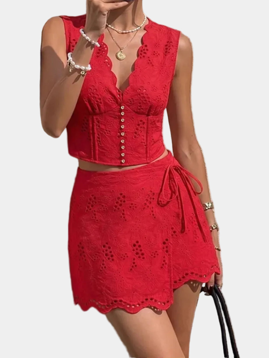 Amery Eyelet Embroidery V-Neck Tie Waist Mini Skirt Set