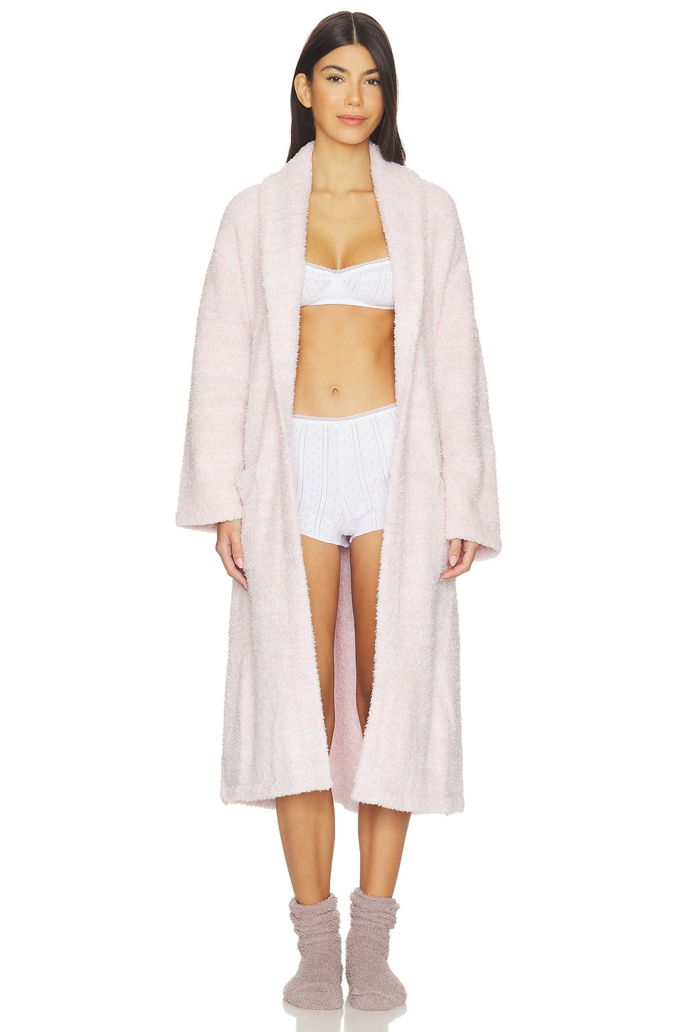 Barefoot Dreams CozyChic® Adult Robe in Heathered Dusty Rose / White