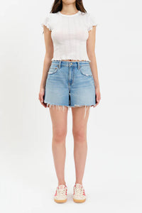 Daze Crossroads Mid Rise Denim Shorts in Pulse