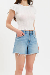 Daze Crossroads Mid Rise Denim Shorts in Pulse