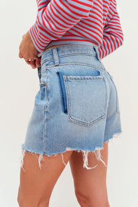 Daze Crossroads Mid Rise Denim Shorts in Pulse