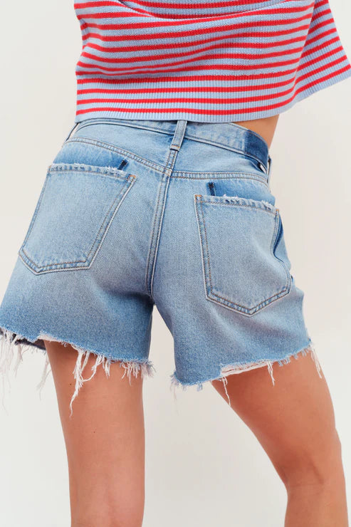 Daze Crossroads Mid Rise Denim Shorts in Pulse