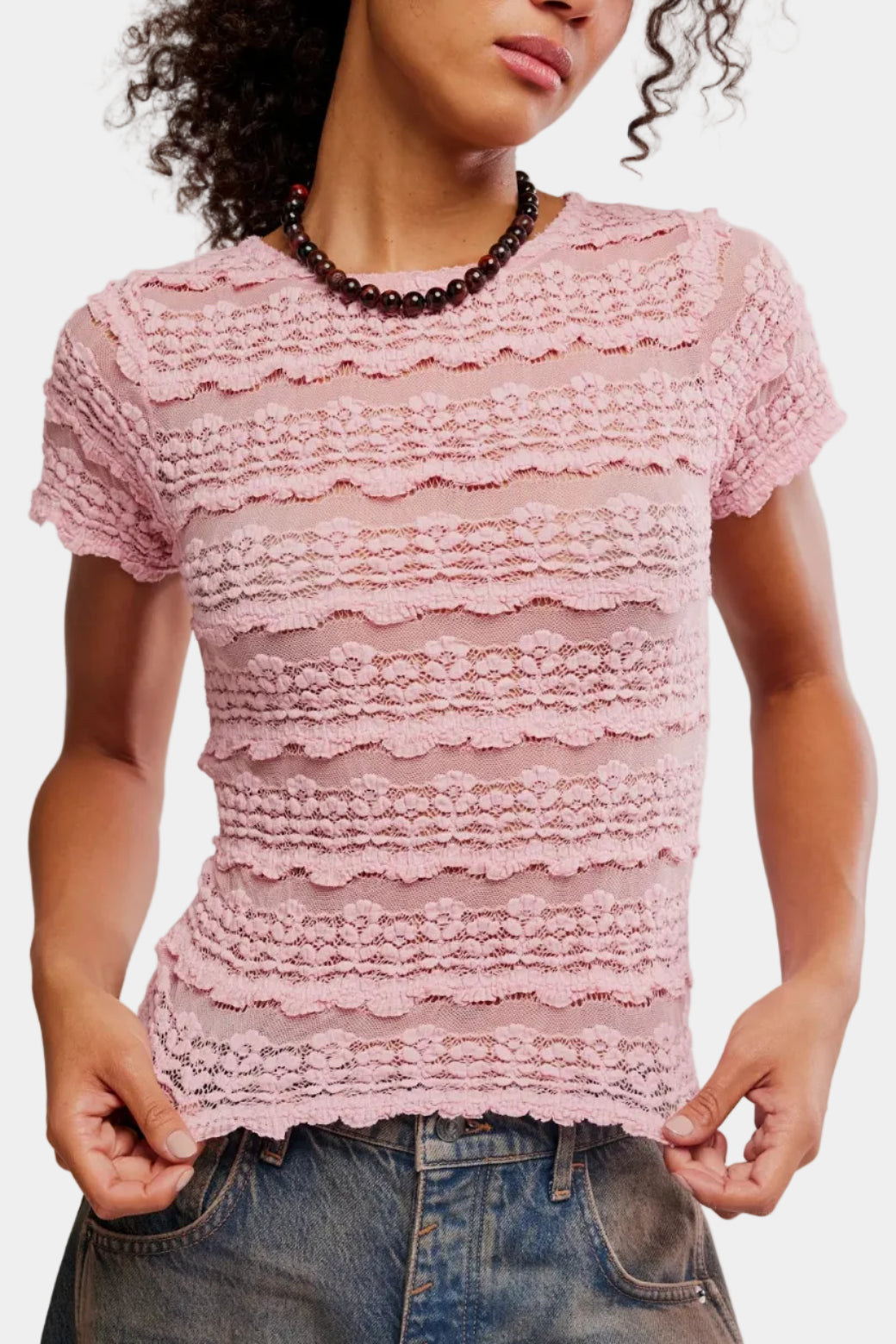 Free People Angelina Lace Tee in Blushing Coral