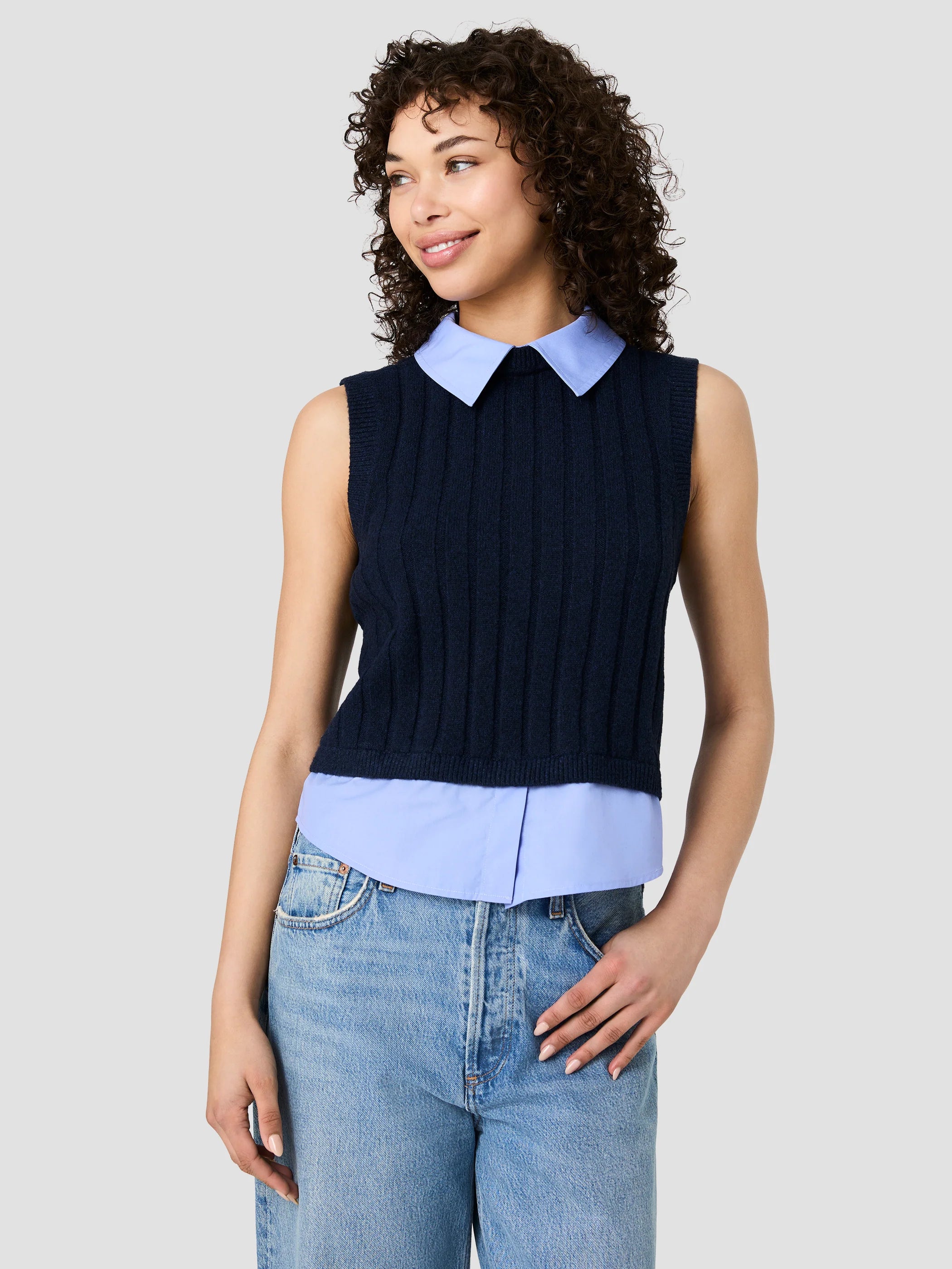 French Connection Aleyna Knit Poplin Collared Vest