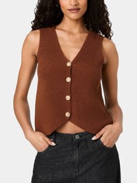 French Connection Mozart V-Neck Rib Vest in Chestnut Brown