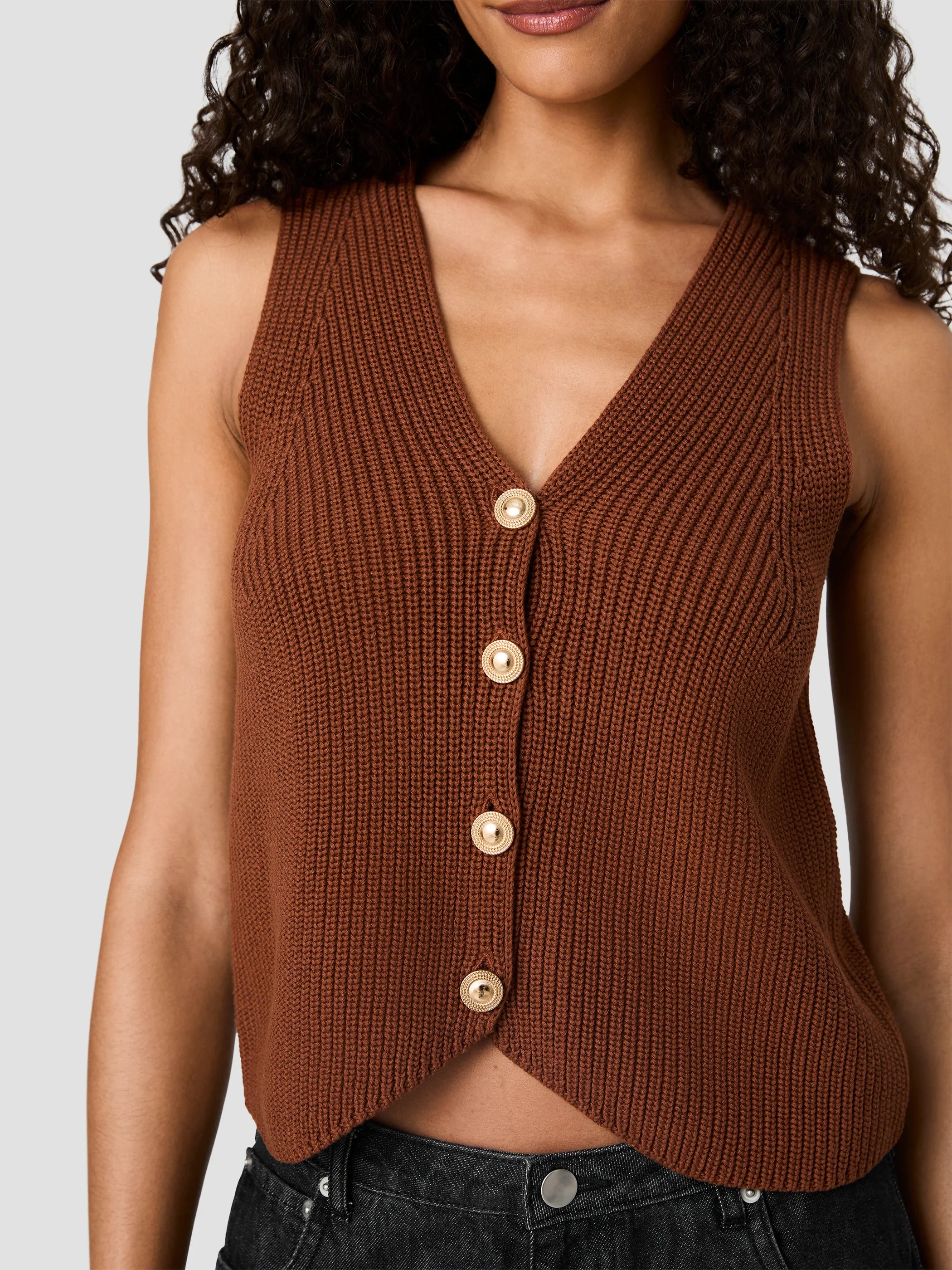 French Connection Mozart V-Neck Rib Vest in Chestnut Brown