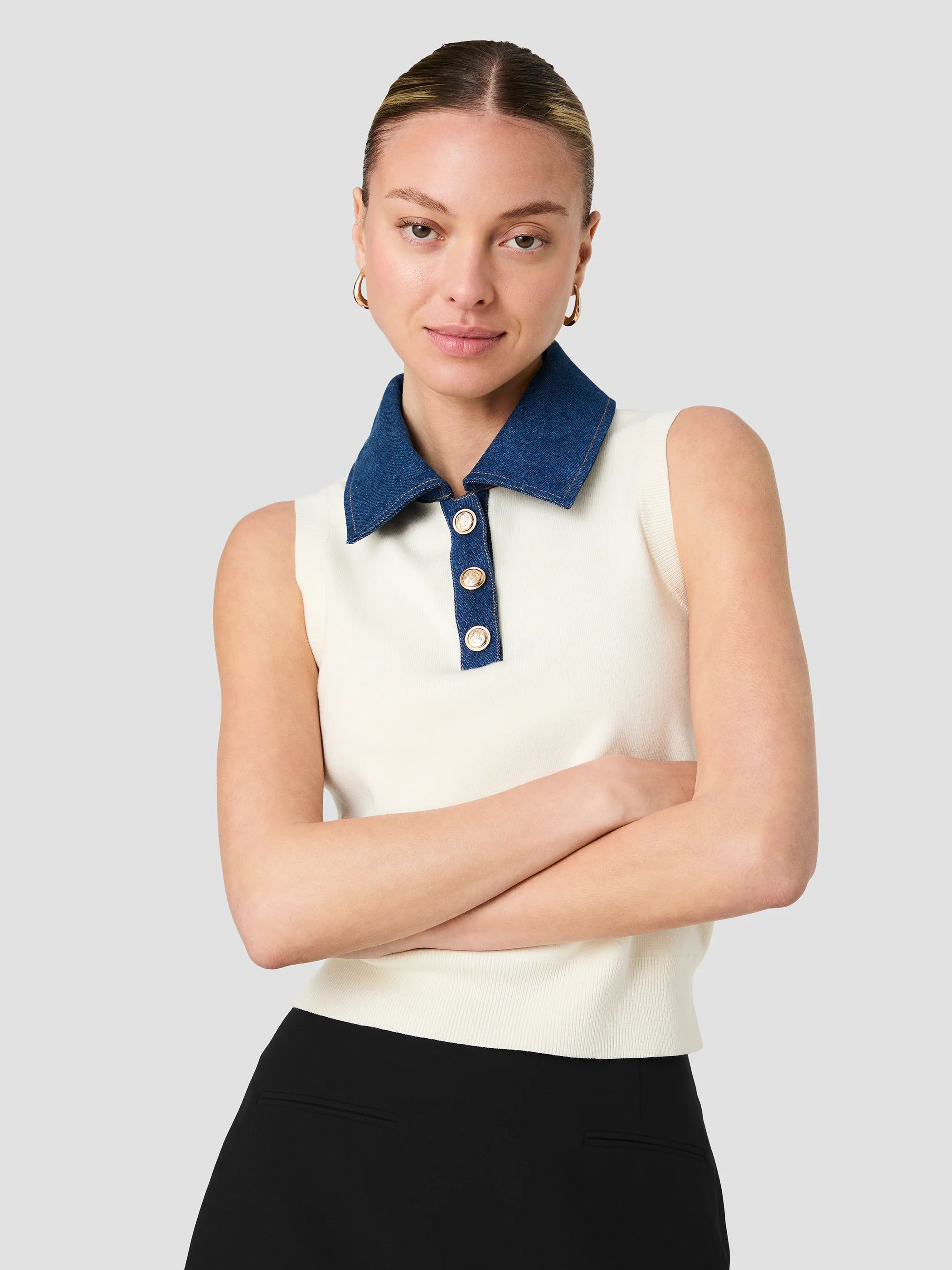 French Connection Maxime Knit Denim Collared Sweater Vest in Cream