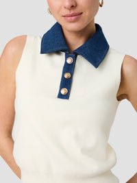 French Connection Maxime Knit Denim Collared Sweater Vest in Cream