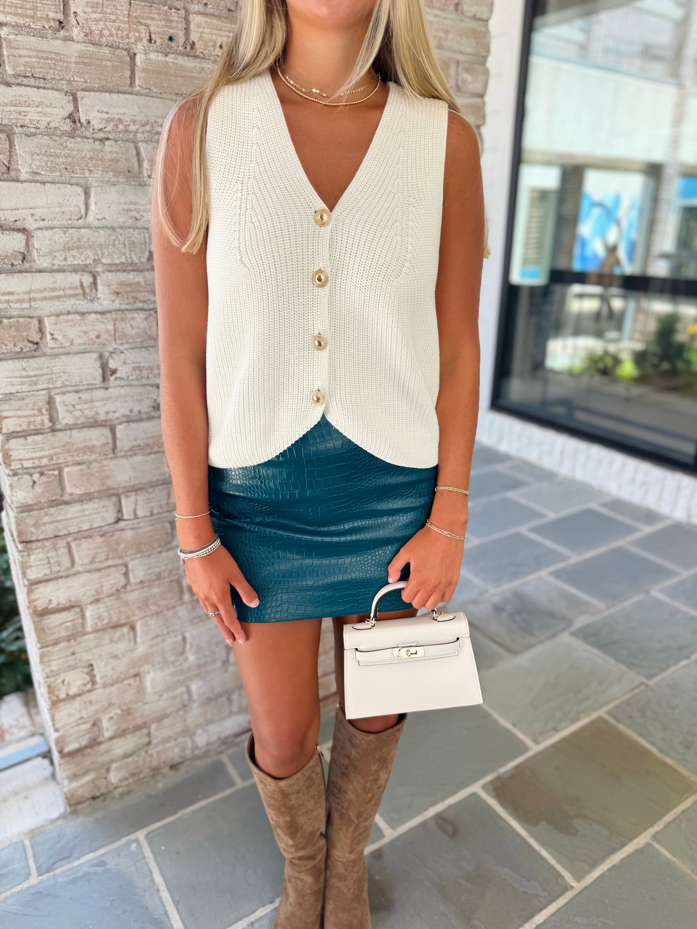 French Connection Faux Croc Leather Mini Skirt in Deep Teal