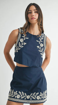 Andy Embroidered Crop Top and Mini Skirt Set