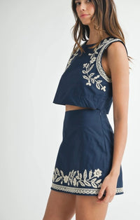 Andy Embroidered Crop Top and Mini Skirt Set