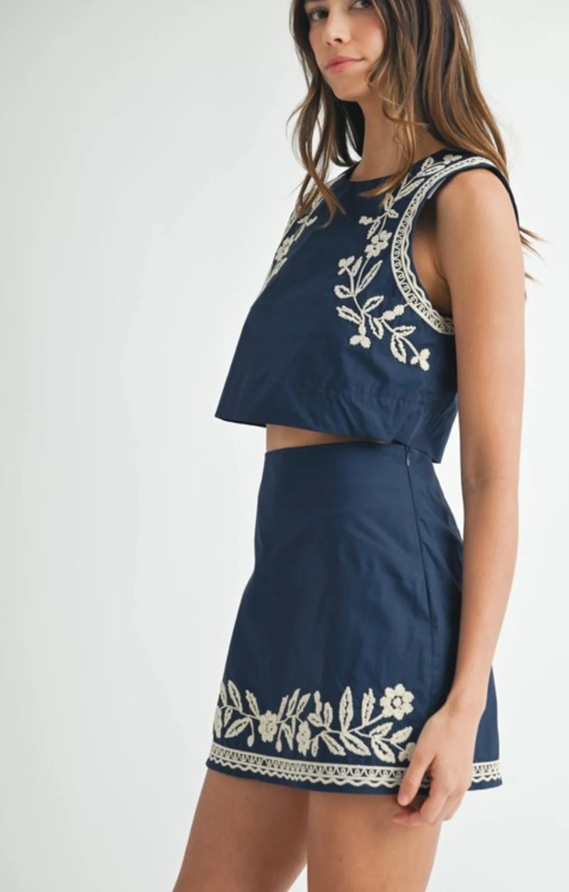 Andy Embroidered Crop Top and Mini Skirt Set