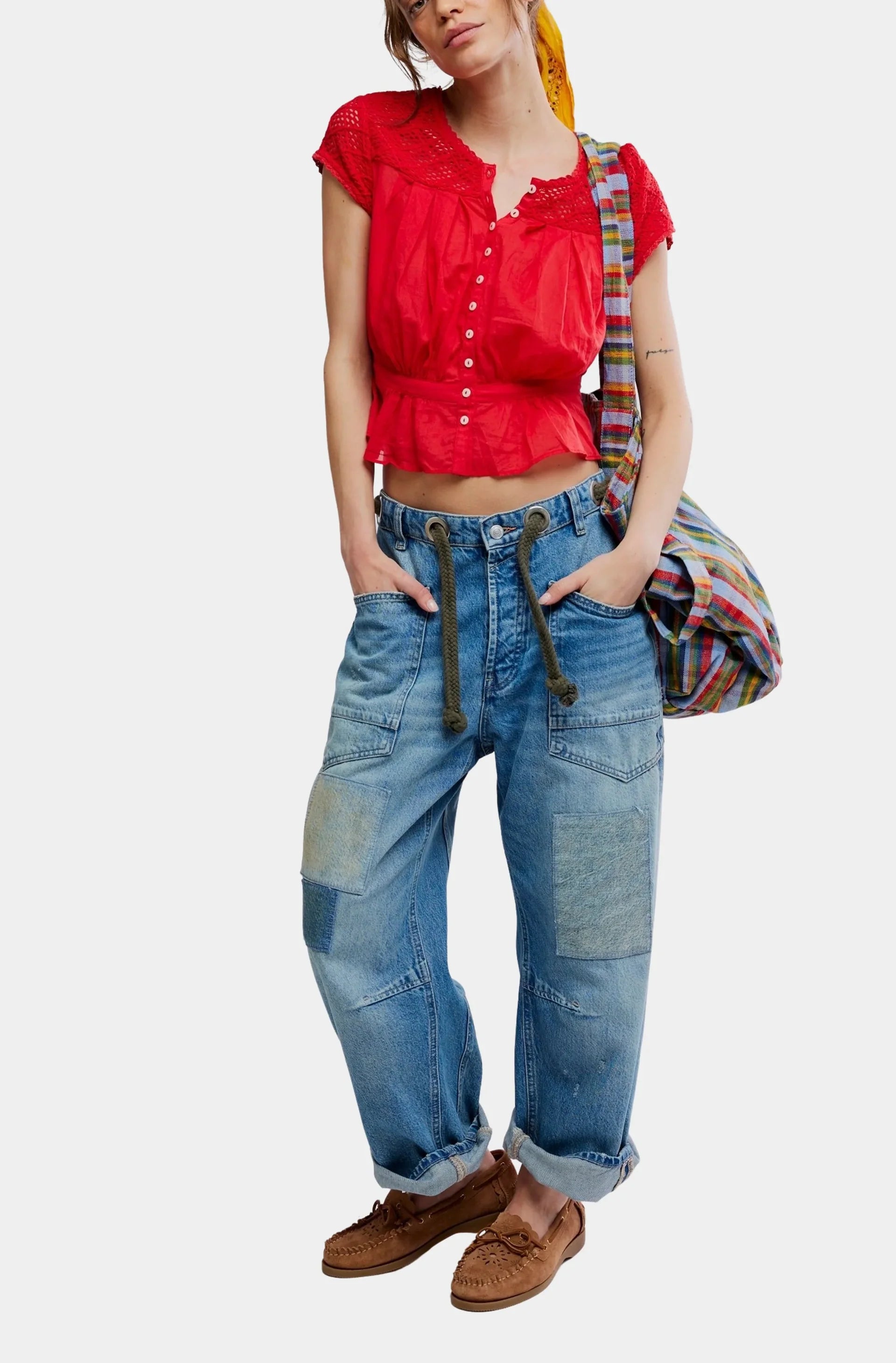 Free People Gemma Embroidered Top in High Risk Red