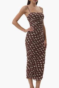 AFRM Hazel Ruched Midi Dress in Chocolate Halo Dot