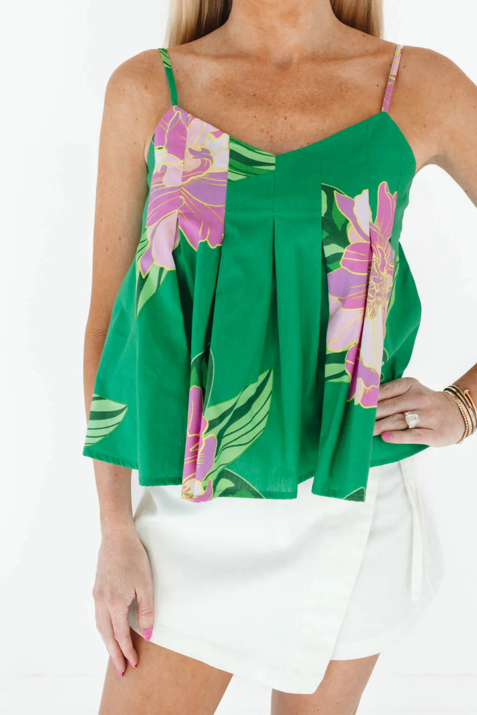 Angie Floral Print Pleated Tank Top