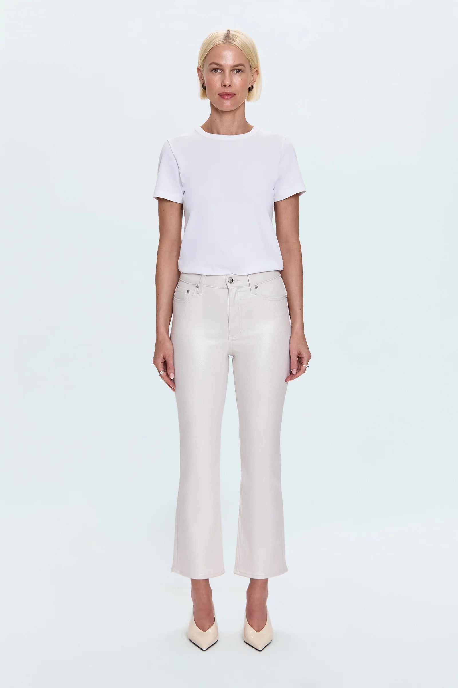Pistola Lennon High Rise Crop Boot Coated Pants in Ivory Luster